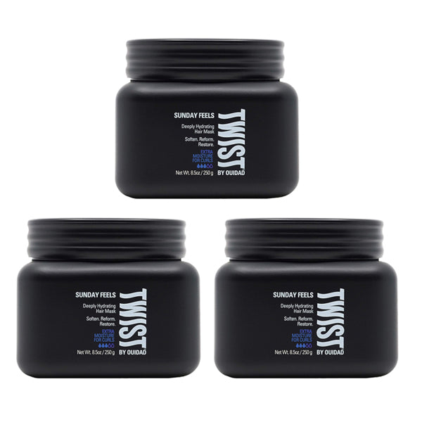 Three black jars of TWIST Sunday Feels Deeply Hydrating Hair Mask 8.5 oz (3 Pack) are arranged in a triangular formation against a white background.